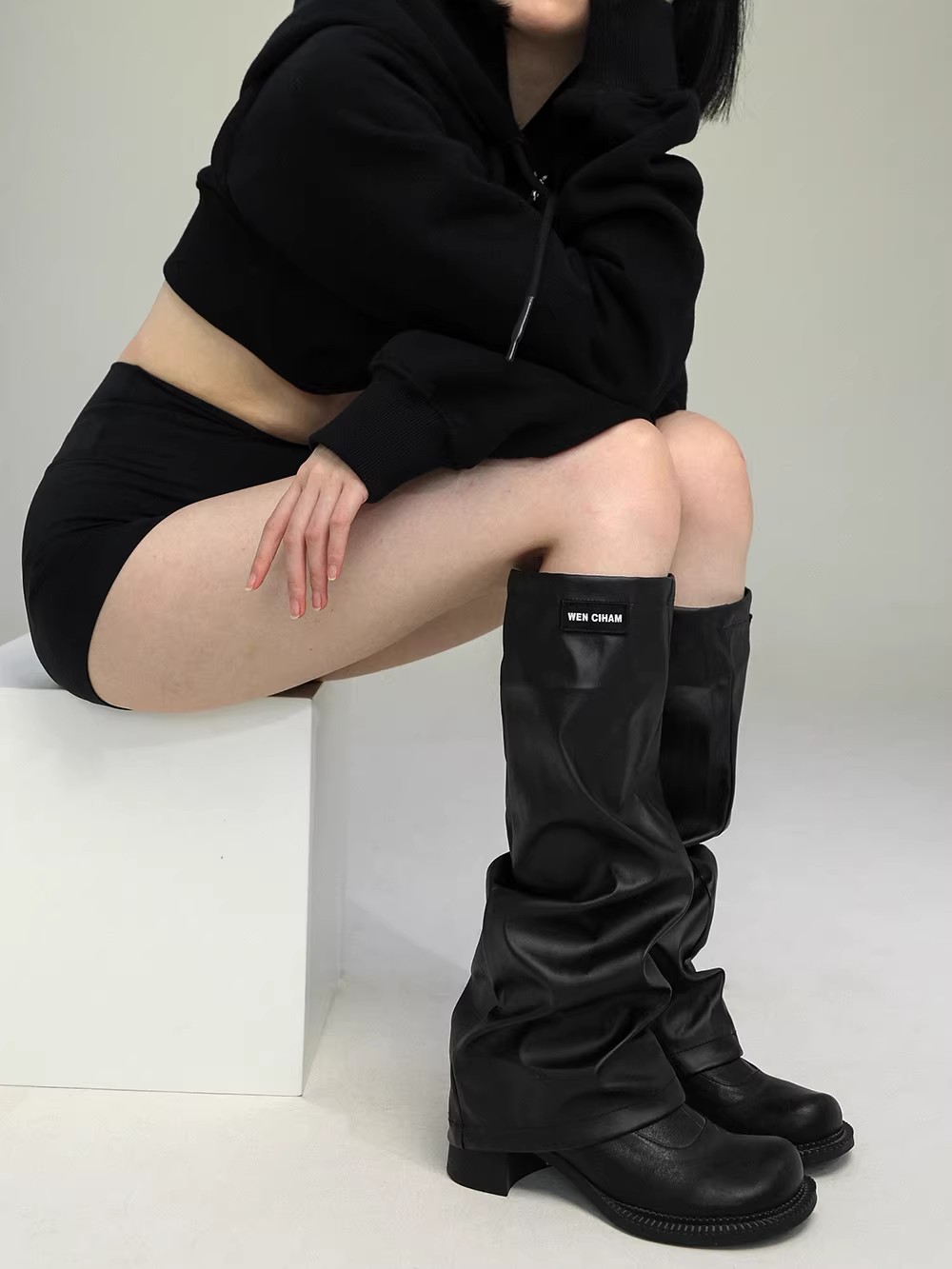 女性の PU レザー脚足首膝スリーブソックスコントラストカラ - Knee Sleeve Pair のレビューと価格